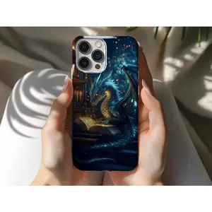 Magic Dragon Reading Book Cellphone Case - Glowing Fantasy MagSafe Shockproof Protective Cover, Polycarbonate-TPU Casing, Library Aesthetic Handheld Accessory Gift for Book Lovers, Compatible with iPhone 11-17 Pro/Plus/Pro Max (Includes Screen Protector)