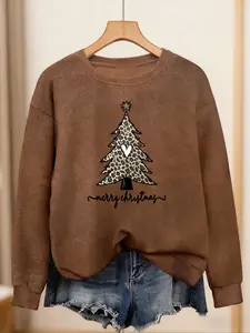 Women's Fall Winter Leopard Print Christmas Tree Heart Round Neck Faux Fur Sweater, Casual Comfortable Holiday Pullover Sweatshirt