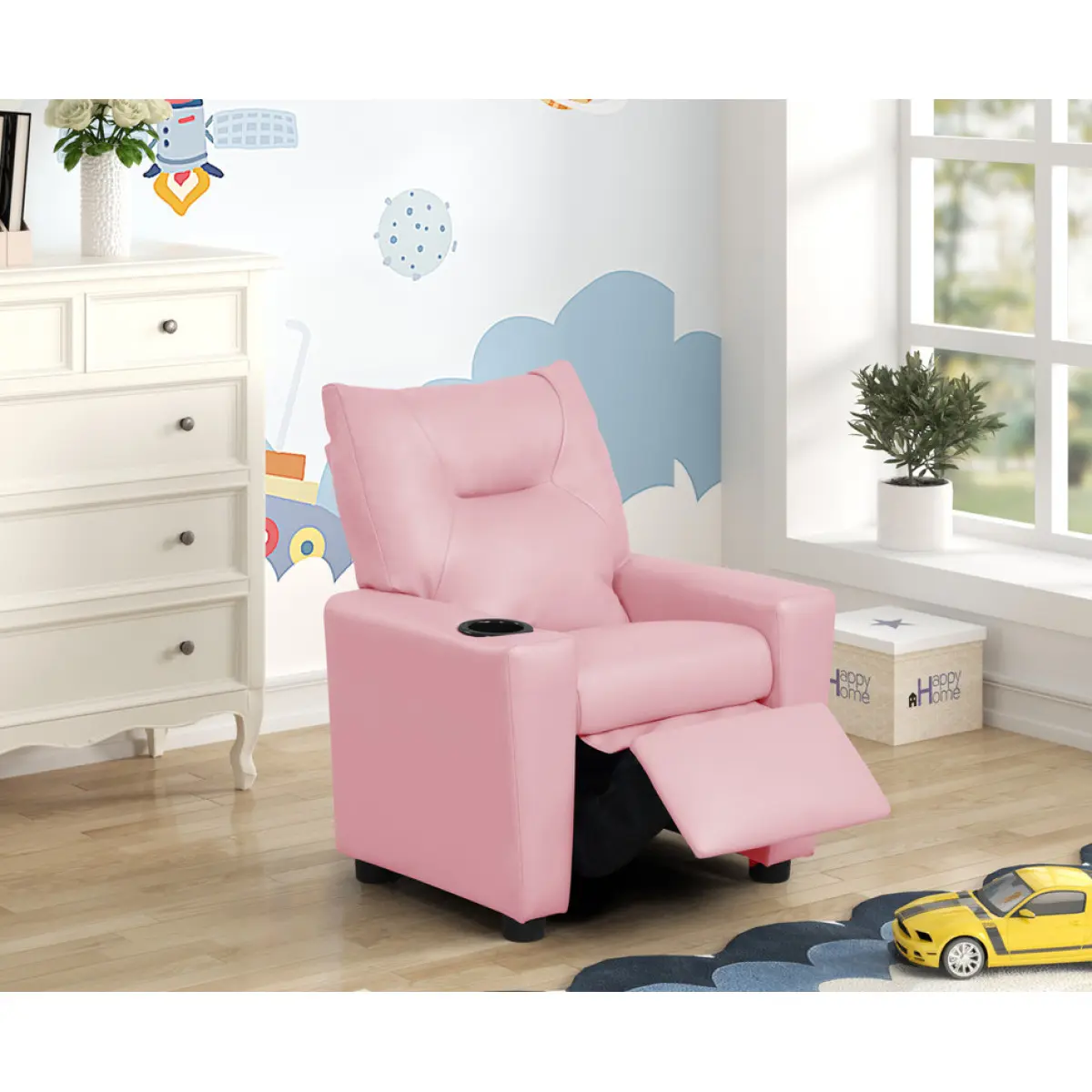 Aobtkel 23" Kids' Recliner Chair with Cup Holder, Adjustable Footrest, Side Armrest, Storage Bags, Ergonomic Fabric-Padded Luxurious Children's Furniture