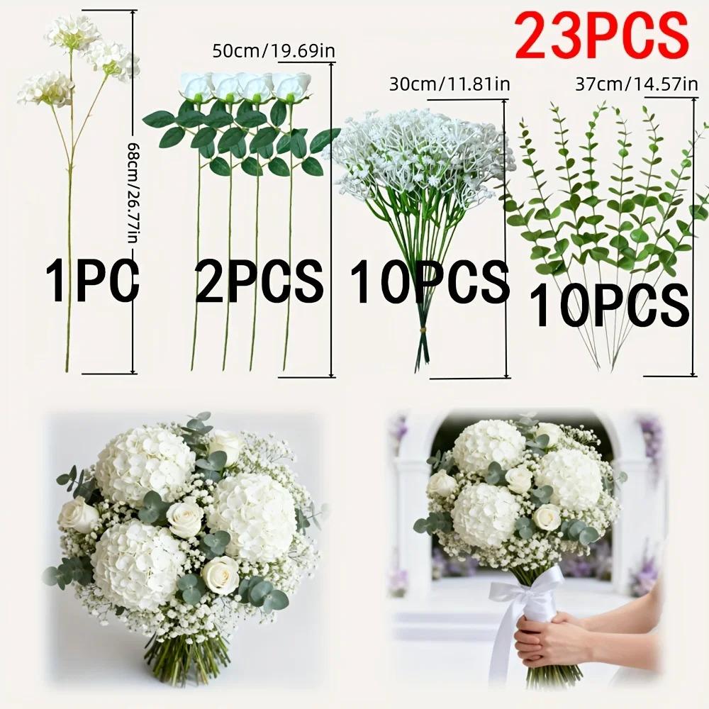 Elegant White Artificial Flower Bouquet Hydrangea Rose Baby's Breath Eucalyptus Artificial Flower Arrangement