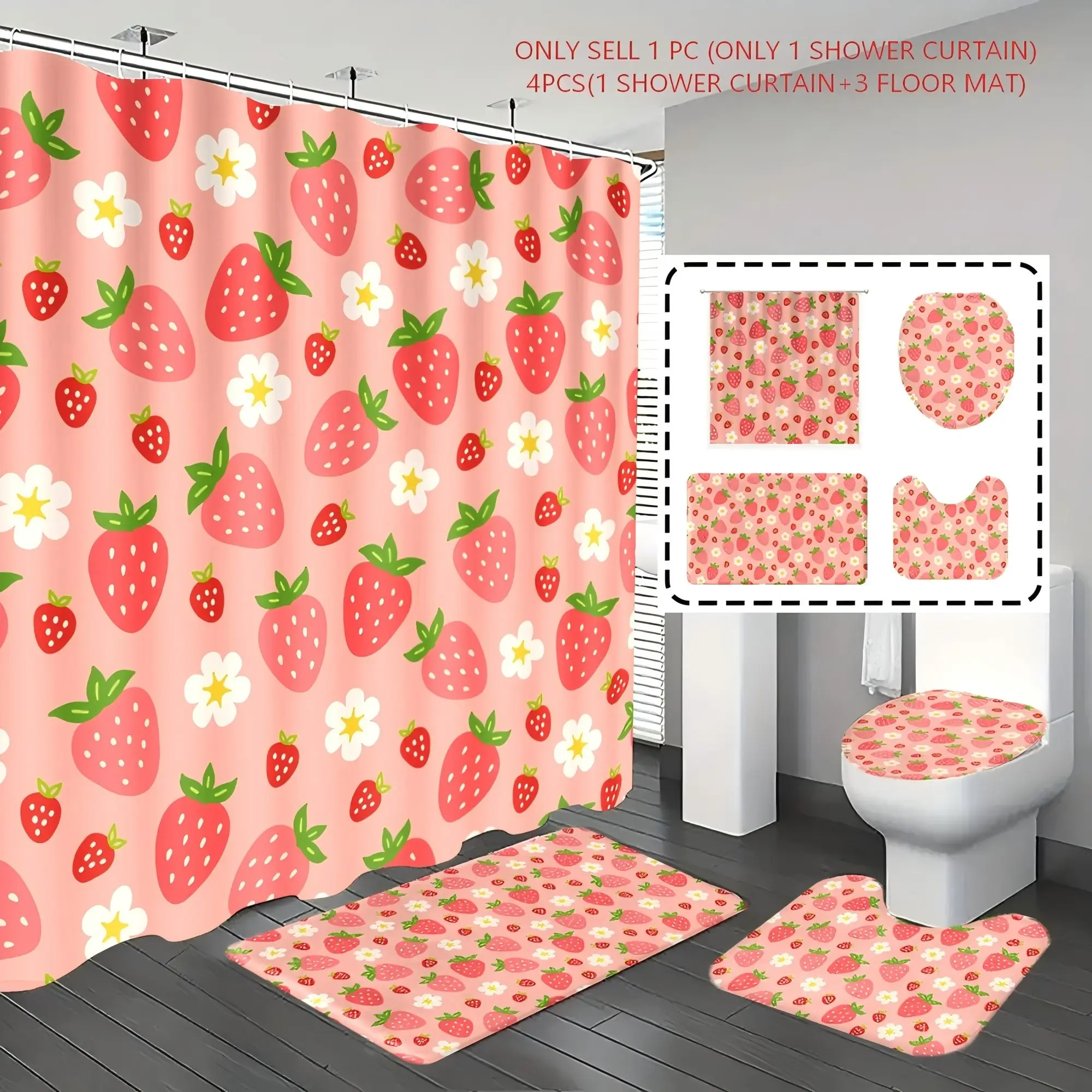 [Popular Choice]1pc/4pcs, bathroom curtains shower, bathroom set, shower curtain set, Bathroom Decor, Bathroom Decor And Accessories, Bathroom Rug Bathmat, strawberry pattern, cute theme decoration, bathroom set, with 12 hooks, Bathroom Supplies