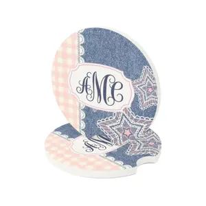 Star Denim Car Coaster Set, Pink Gingham Monogram Cup Holder Coaster, Personalized Initial Car Decor, Cute Aesthetic Gift for Her