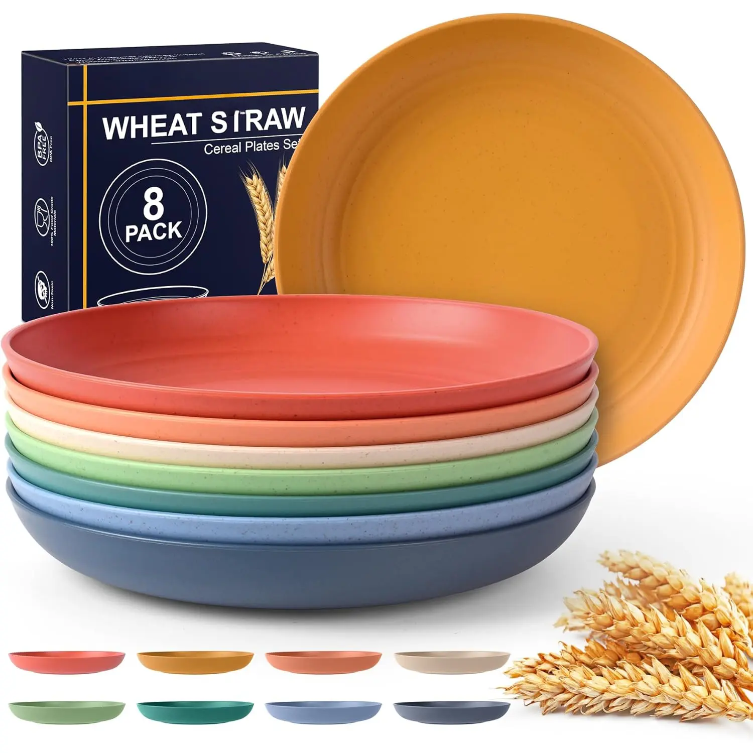 8-Pack 8inch Unbreakable Deep Dinner Plates, Wheat Straw Plastic Plates Dishwasher Safe Kitchen Plates Dinnerware Multicolor