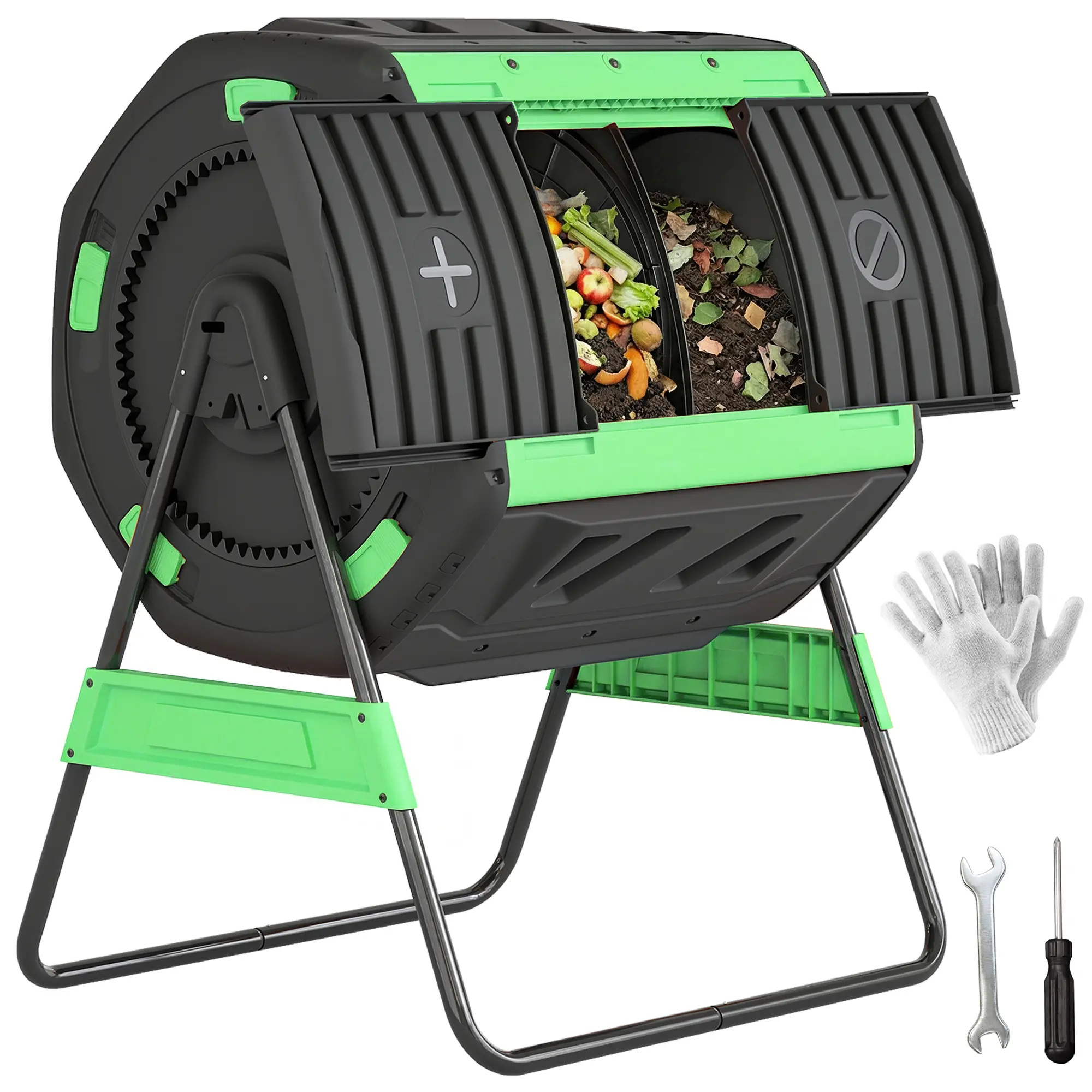 Compost Bin Outdoor – Green. 53 Gal Dual Chamber Tumbling Composter. 360° Geared Rotation. 8 Adjustable Vents. Large Sliding Doors. Elevated Base. BPA-Free