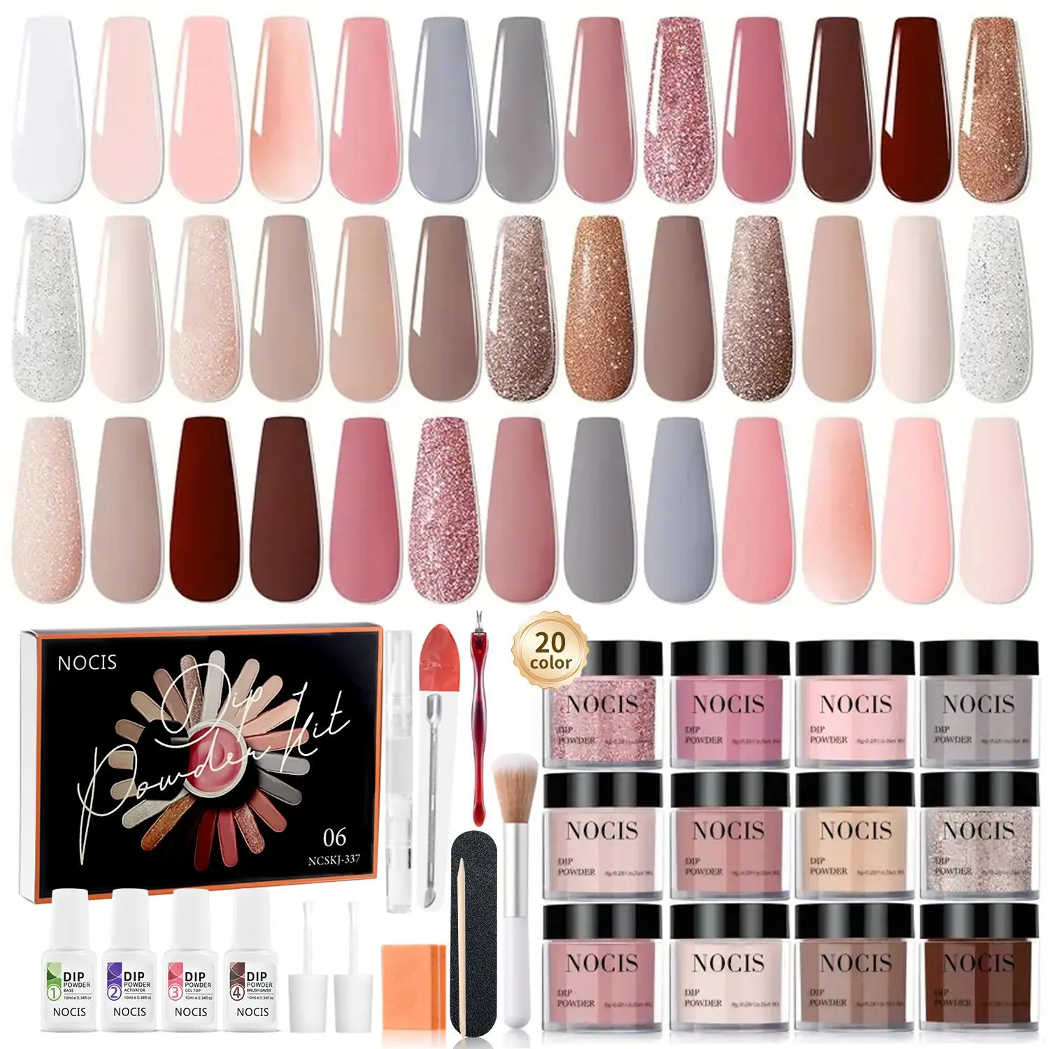 Long-lasting Dip Powder Nail Kit, 20 Colors Nail Polish Holographic Glitter Dip Powder Liquid Kit with Top Coat/Base Coat Activator for French Manicure, Fashion Manicure and DIY Manicure, Nail Polish Set, Nail Supplies