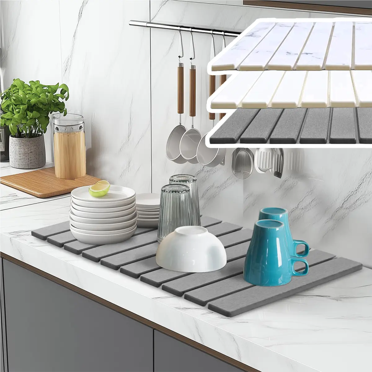 Large Stone Dish Drying Mat - 24" × 16" Quick Dry Foldable Dish Drying Mats, Absorbent Diatomaceous Earth Drying Mat for Kitchen Counter