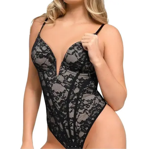 POPILUSH Women's Plunging V-Neck Lace Corset Shapewear Bodysuit - Elastic, Fit, Built-In Bra, for Cocktail & Casual Occasions, Shapewear for Women