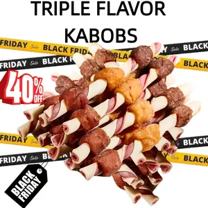 Triple-Flavored Kabob Rawhide-Free Dog Chews - High Protein Dental Treats with Real Chicken, Beef & Liver, Long-Lasting Durable Chew Sticks for Puppies & Adult Dogs, No Artificial Flavors/Colors, Dog Chew Substitutes In Bagged Packaging, Dog Foods