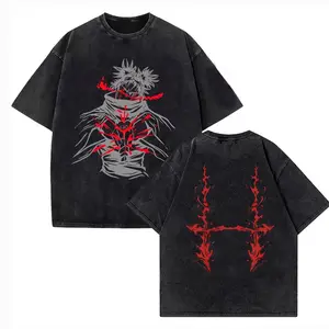 Jujutsu Kaisen Choso Washed Vintage T-Shirt, Red Grey Anime Graphic Print, Unisex Oversized Cotton Short Sleeve, Streetwear Tee for Men Women Teens, Grunge Aesthetic, Otaku Fan Gift