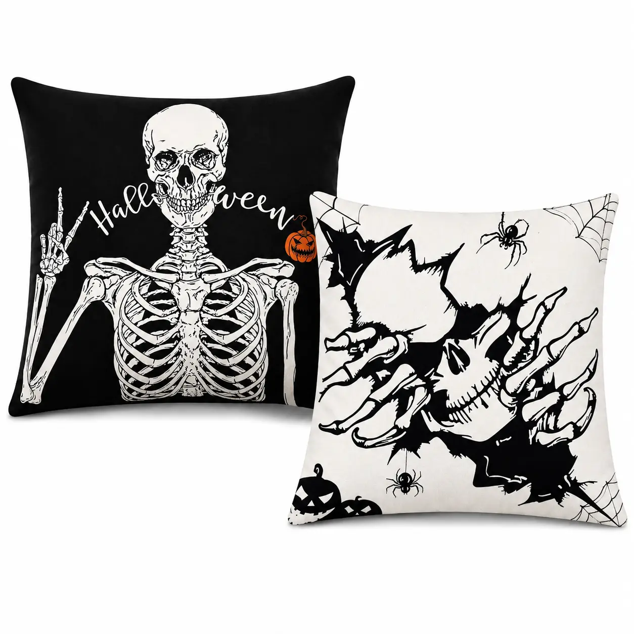 HUGLINA Halloween Throw Pillows Set of 2, 18x18 Inch Soft Velvet Decorative Pillows with Premium Inserts Included, Skeleton & Skull Black and White Halloween Accent Pillows, Hidden Back Zipper for Sofa Couch Bed