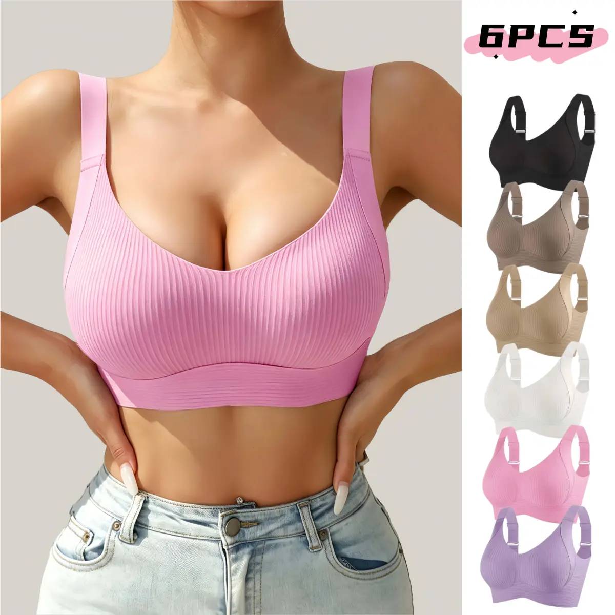 6 Pack Women's Ribbed V-Neck Bralettes, Seamless Wireless Push-Up Tops with Wide Adjustable Straps for Athletic & Daily Wear， Balconette bra