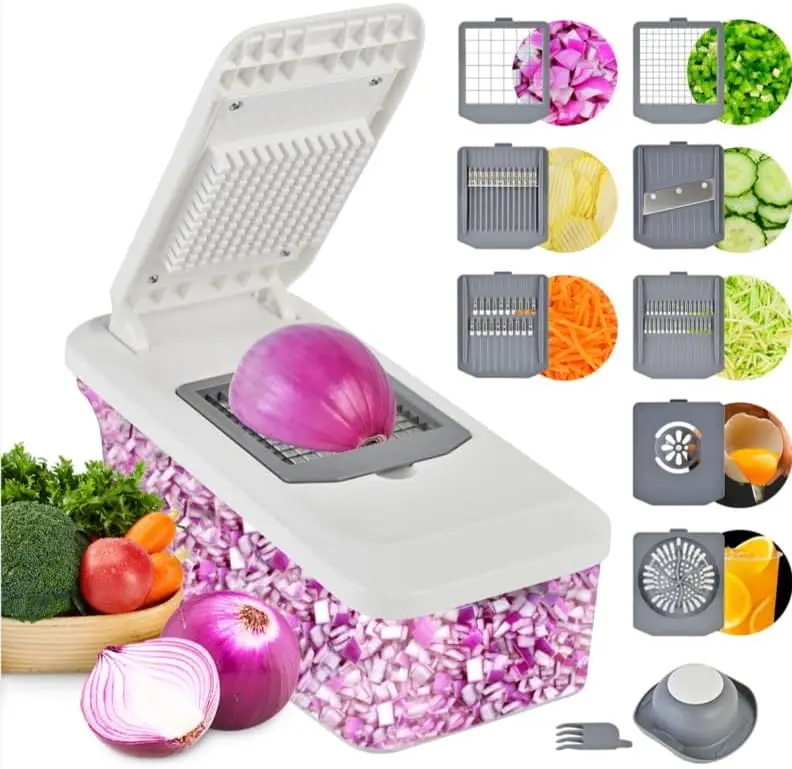 14-in-1 Grayish White Vegetable Chopper Mandoline Slicer with 8 Blades, Pro Food Dicer Veggie Cutter for Onion, Potato, Carrot, Cucumber, Home Kitchen Gadgets Essentials