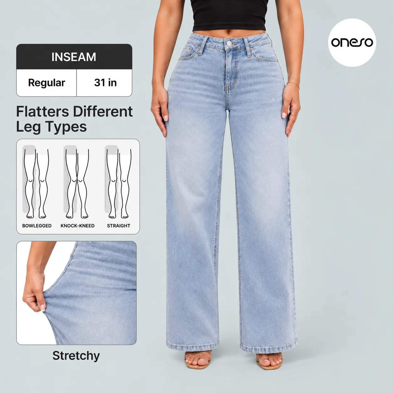 Magic ONESO BBL Jeans for Women Mid-Low Rise Stretch Baggy Fit Comfortable Light Blue/Dark Blue Wide Leg Distressed Denim with Tummy Control