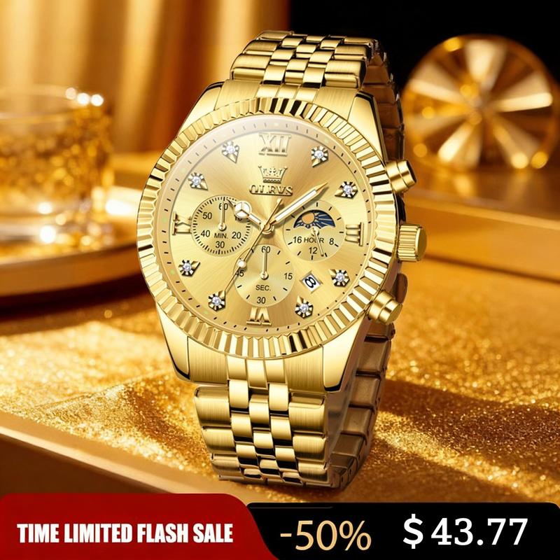 OLEVS Men's Luxury Round Shape Analog Watch - 43mm Diamond Dials, Stainless Steel, 30m Waterproof, Fall Protection, Date Function, 20 - 22Mm Clasp Band, Business Casual, 12 Months Warranty, Batteries Included, Free Chain Adjustment