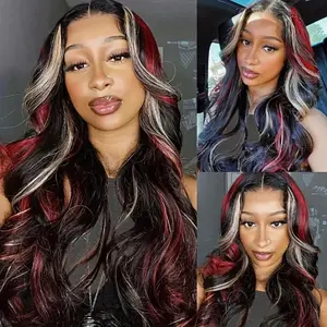 Highlights Red Blonde Black Colored 13X4 Lace Front Wig Human Hair Wig Body Wave Hairstyle 200% Density Bleached Knots Pre-Plucked With Baby Hair 180% Density Lace Frontal Wig Rose Wave Human Hair Wig For Women