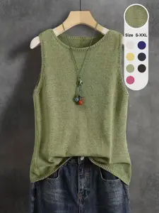 Macaron Color Sleeveless Knit Top for Women, Summer Basic Casual Loose Fit Round Neck Shirt, Thin Comfortable Outerwear