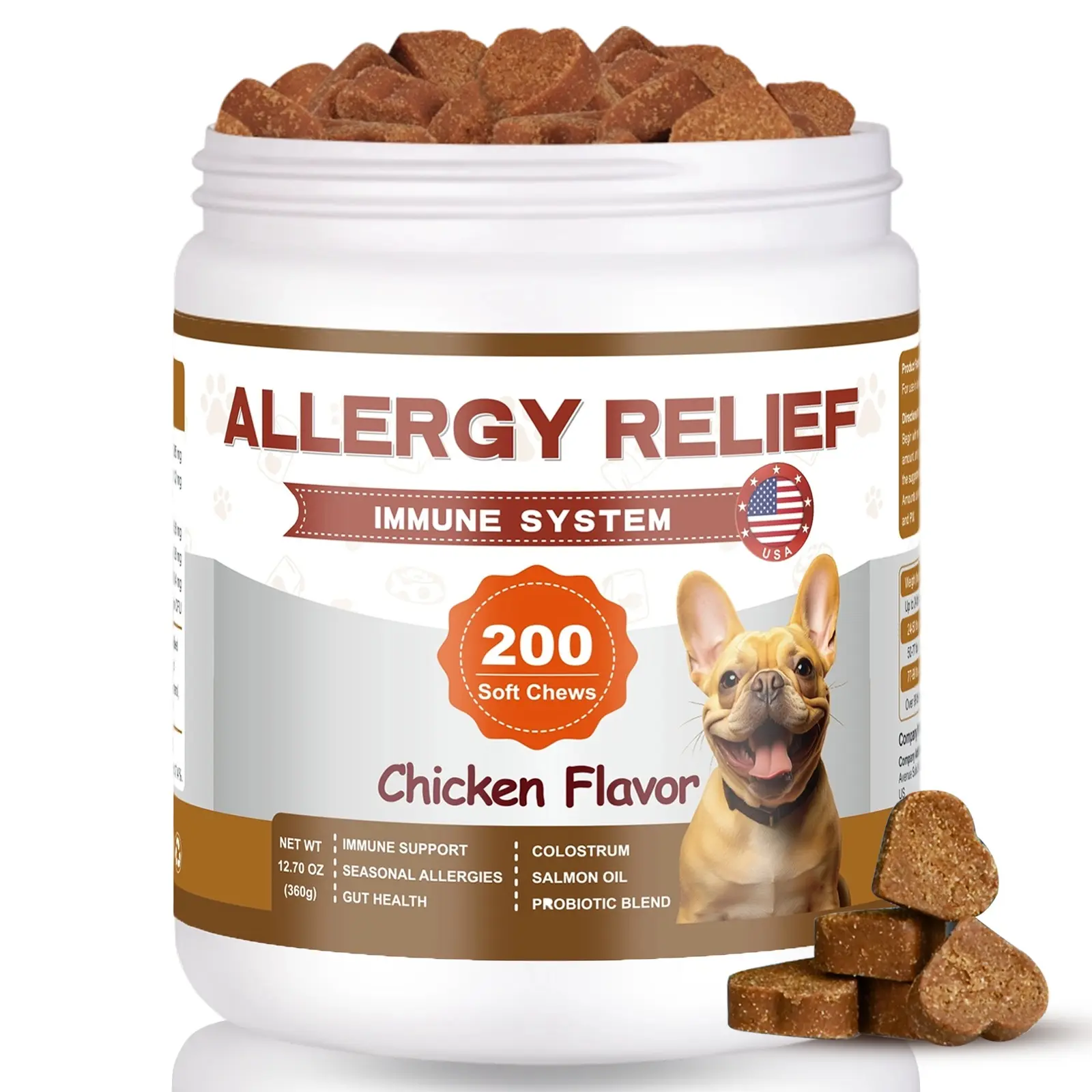Dog Allergy Support Chews, Colostrum & Probiotic Supplement with Salmon Oil, Supports Healthy Skin, Coat, Immune Function and Daily Wellness, Chicken Flavor, 200 Count