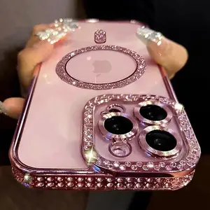 New Fashion Glitter Diamond Transparent Case For iPhone 16 15 14 13 11 12 Pro Max 16 Plus Magnetic Wireless Charge Bumper Cover Screen Protector Protection Protective Smartphone Cellphone Casing Shockproof Dark Purple