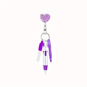 Heart Shaped Badge Pen, Premium Decorative Badge, 1 Count Retractable Keychain Design Badge Holder with Mini Highlighter, Permanent Marker & Ballpoint Pen, Office Stationery & Supplies, Badge Reels Retractable, Badge Decoration