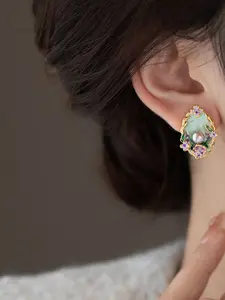 Monet Garden Pearl Earrings for Women, Colorful Dripping Glaze Oil Painting Flower Studs, Baroque Vintage Style Pearl Jewelry