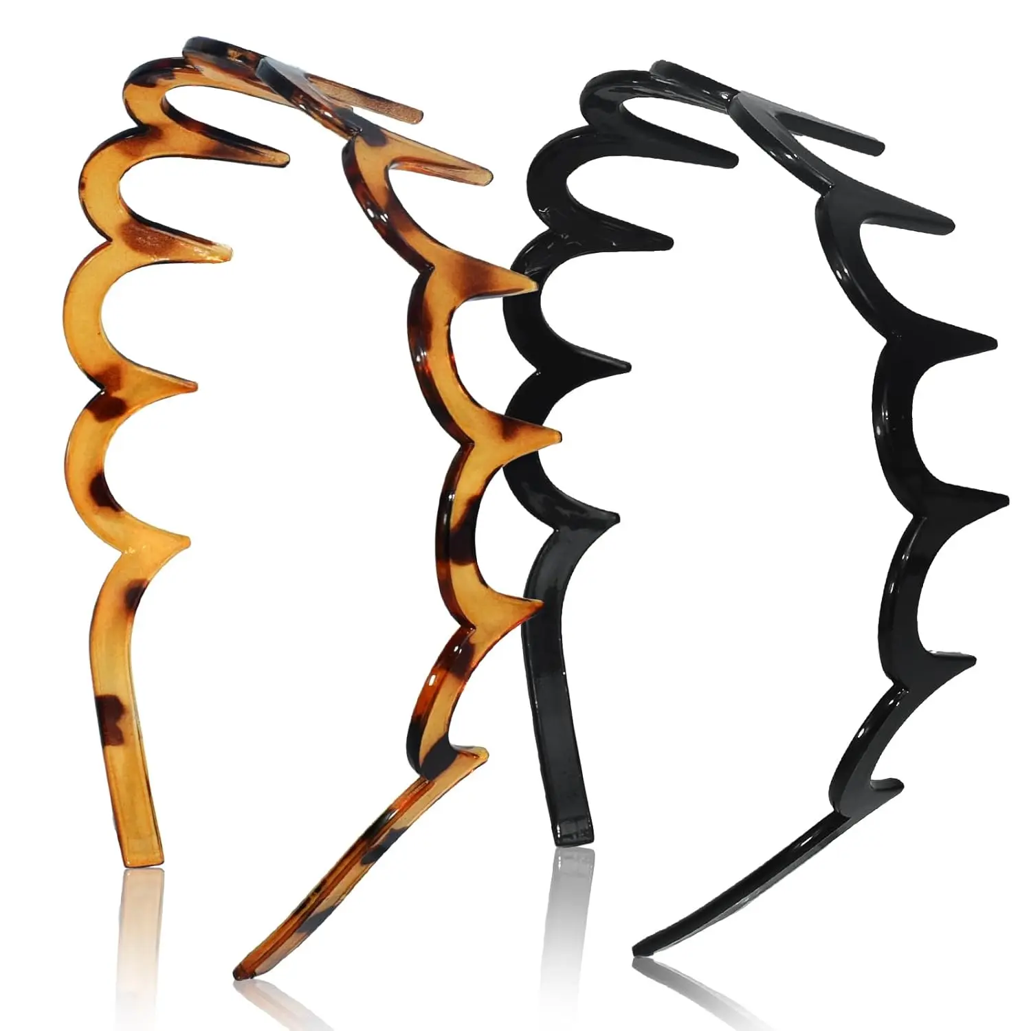 Zigzag Headbands for Women, -Pack U-Shaped Hair Comb Headbands, Non-Slip Slick-Back Hair Accessories, Black & Tortoise Recycled Plastic, Teeth Hairband for Everyday Styling & Workout