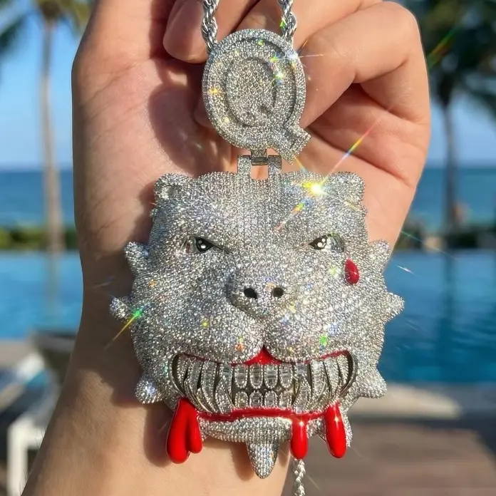 14K GOLD PLATED ICED OUT PENDANT -  PIT BULL ICED OUT PENDANT BLOODY DOG PENDANT- FREE 4MM ROPE CHAIN INCLUDED - HIP HOP JEWELRY - HIGH QUALITY & HAND SET CZ DIAMONDS HEAVYWEIGHT PENDANT FOR CUBAN LINK CHAIN - AMERICAN BULLY DOGS