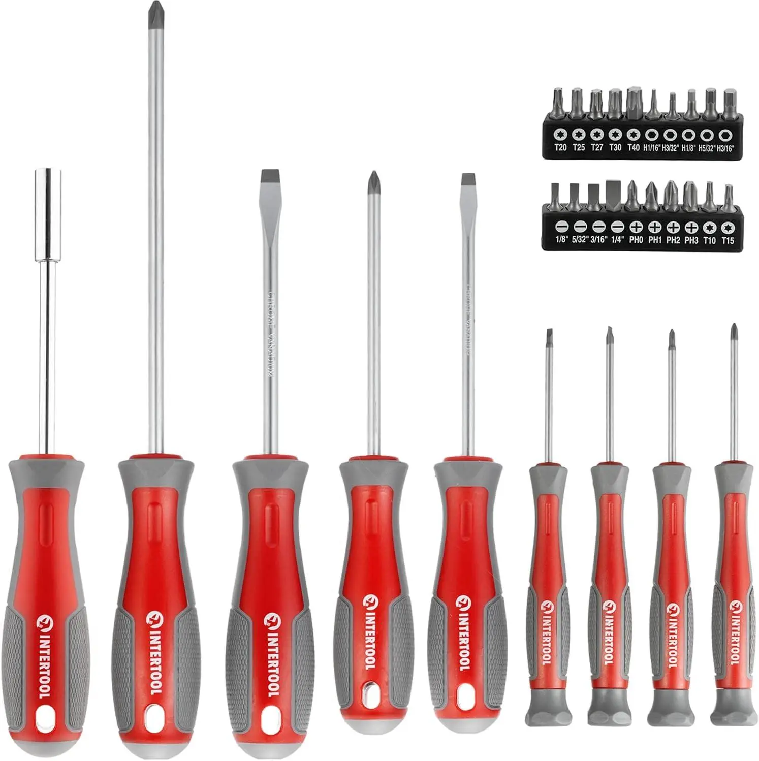 INTERTOOL Screwdriver & Precision Driver Tool Set with Magnetic Tips and Bits Phillips Flat Head Torx Hex Cr-V Steel Cushion Grip Handles VT08-3329