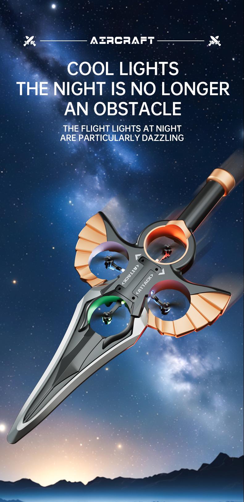 Flying Sword Drone Children's Toy- 2.4GRemote Control Foam Model AirplaneSwordhilt Design with One-Button Rotation &Barometric Lift Christmas