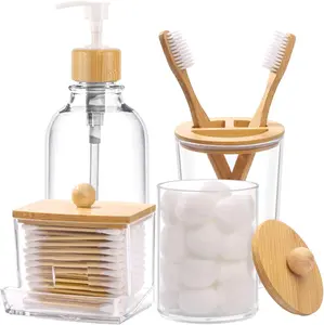 Bamboo Bathroom Accessories Set 4 Pcs Clear Toothbrush Holder Plastic Soap Dispenser Qtip Holders Cotton Swab Pad Ball Container Jar Eco-Friendly & Practical