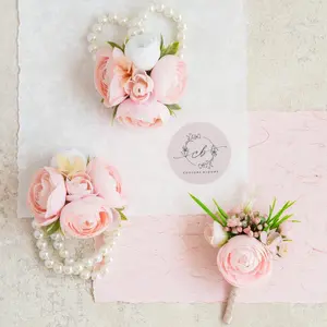 Light Pink Rose Pearl Bracelet Wrist Corsage, Silk Ranunculus Corsage Gift, Rustic Rose Pin for Groomsmen Prom, Wedding Flower Bracelet