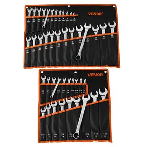 Summervibes VEVOR Combination Wrench Set, 44-Piece SAE and Metric, 12-Point Box End and 15 Angled Open End Combination Wrenches with Roll Up Pouch, Carbon Steel, for General Household and Automotive Repairs