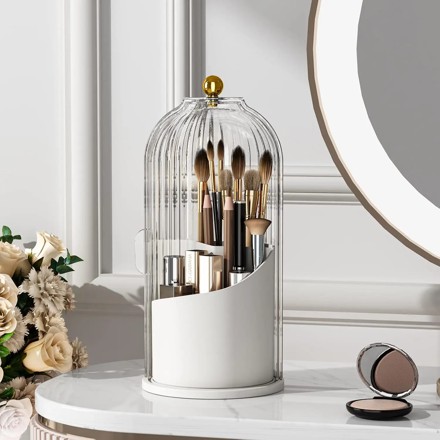 Rotating Toothbrush Holder, Covered Toothbrush Holder for Bathroom | Toothbrush Holders with Sliding Lid, 3-Slot Dust Proof Plastic Makeup Brush Holder for Vanity, White/Gray