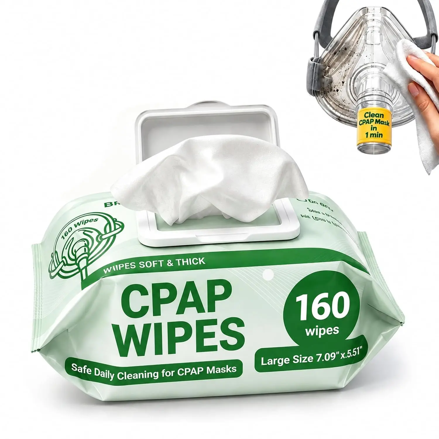 Fast-Clean CPAP Mask Wipes: Clean Grease in 1 Minute - Extra-Large Moist | Save 90% of Cleaning Time - Quick-Dry No Residue -Alcohol-Free Unscented 160 PCS Wipes for Full-Face/Nasal CPAP/BIPAP Masks