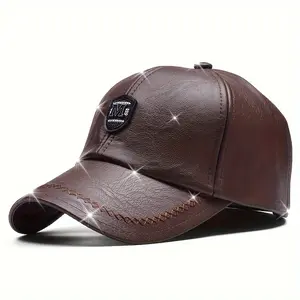 1pc Women's PU Leather Baseball Cap with, Adjustable Snap Closure & PU Leather Logo - Wide Brim Hat for Outdoor, Travel, Beach, Casual (Brown/Black) - Non-Stretch Fit, Hand Washable, White Label Emblem Cap