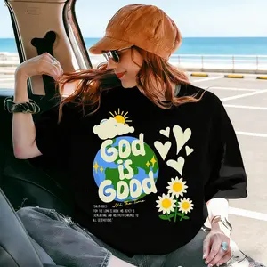 God is Good graphic T-shirt, black, featuring Psalm verses, earth and daisy design, unisex, Christian T-shirt, comfortable and soft fabric.