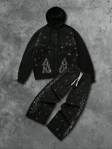 2-Piece Set Neutral Hooded Cardigan Sweatshirt Long Pants, Graphic Shiny Star Details and Fuzzy Hem, Casual Street Style Daily Wear