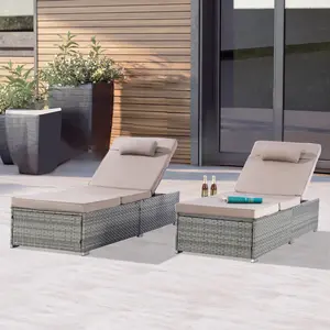 Outdoor Chaise Lounge Chair Set of 2 with Patio Pool Chairs Tanning Lounges for Outside,Beach Rattan Recliners with Adjustable Backrest, Table, Cushion for Poolside Backyard Garden pool lounge chair outdoor wicker sofa