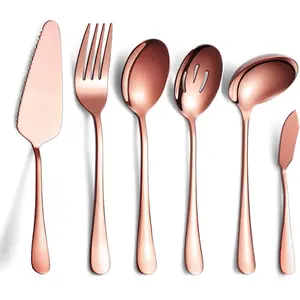 6- Copper Serving Flatware Silverware Set,Stainless Steel Serving Utensil Set,Include Cake Server, Slotted Serving Spoon, Serving Spoon, Cold Meat Fork, Butter , Soup Ladle