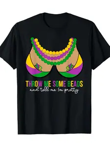 Mardi Gras Throw Me Some Beads Graphic T-Shirt - 100% Cotton, Short Sleeve, Crew Neck, Casual Fit for Men & Women, Festive New Orleans ThemeSame Style for Men and Women  Summer Short-sleeved Printed T-shirt Pure Cotton 220G
