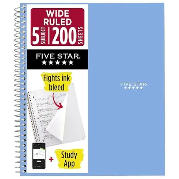 Master your notes with the Five Star 5-Subject Wide Ruled Spiral Notebook in Tidewater Blue, featuring ink-bleed-resistant paper and study app integration!