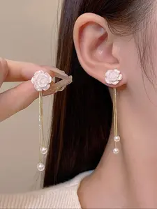 Elegant Tassel Camellia Rose High Quality Earrings with Faux Pearls, Casual Style for All Seasons, Women's Jewelry for Any Occasion, Versatile Earrings