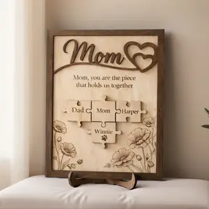 Engraved Wooden Family Puzzle Frame, Personalized Mom