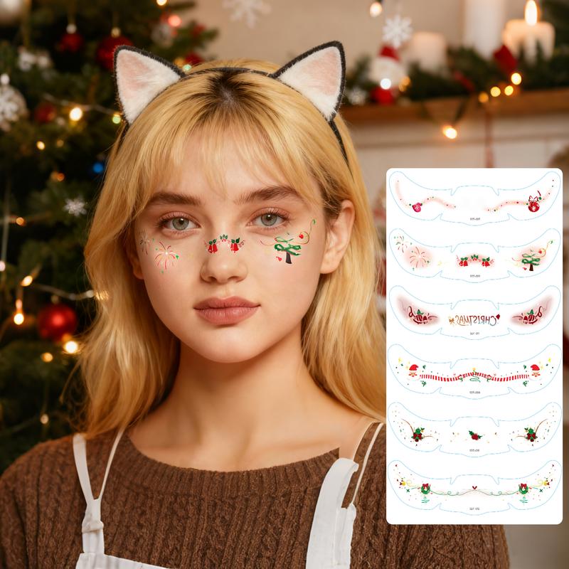 6 PCS Face Tattoo for Christmas Colorful Reindeer patterned face sticker easy use/clean Xmas Makeup Patch,Face Tattoo for Women & Girls