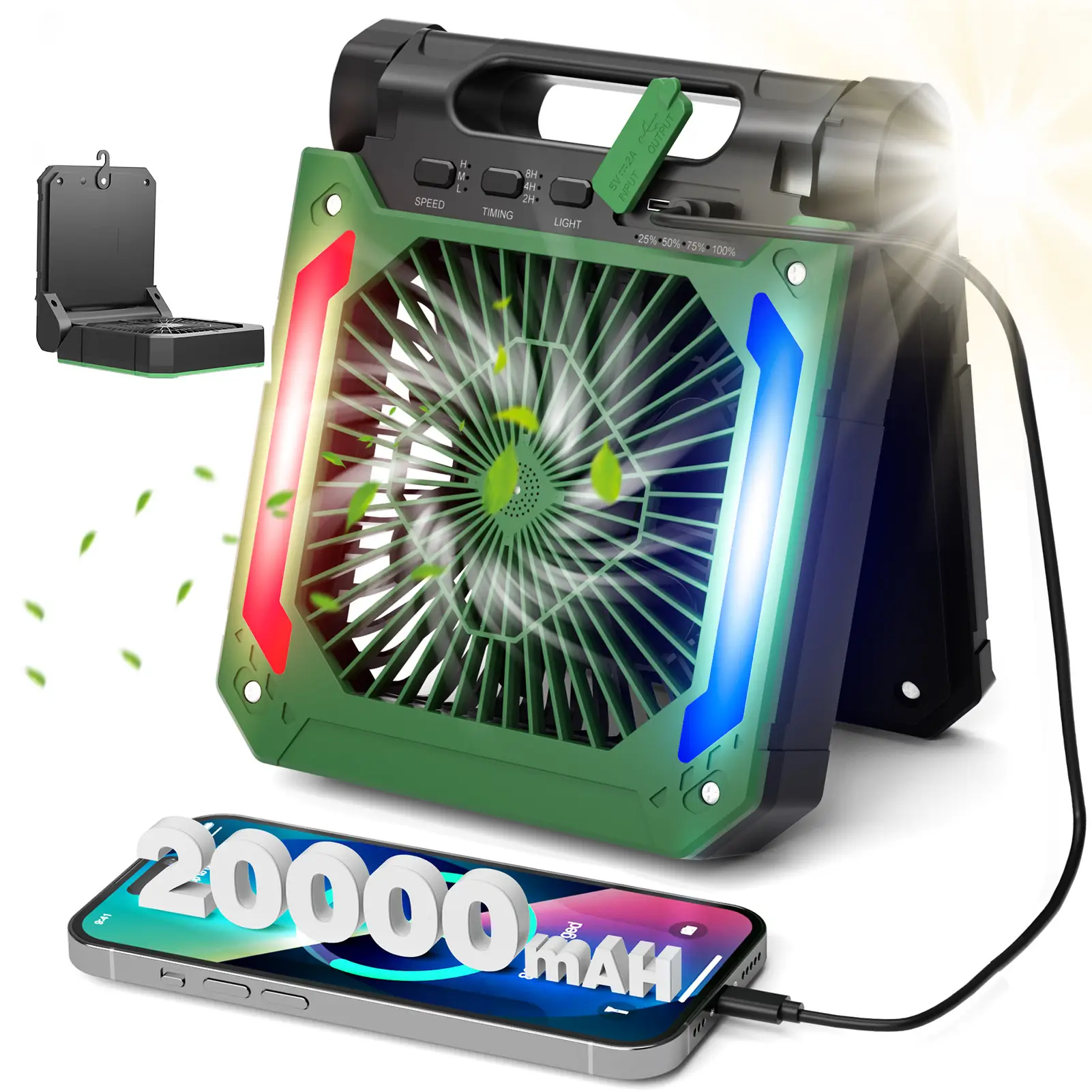 Solar Power Fan for Camping 20000mAh, 3 Adjustable Speeds Cordless Battery Powered Portable, Powered Fan with LED Lantern, 8H Timer and Quiet Battery