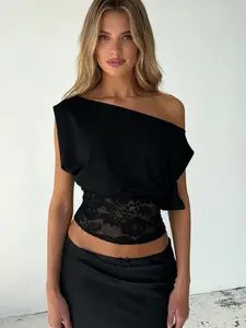 Elegant Lace Ruched Crop Top, Summer Street Style Streetwear Lady Women's T-Shirt, Long Sleeve Plain Design, Versatile Basic Tee, Womenswear