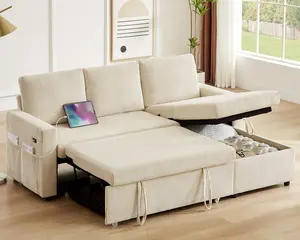 L-Shaped Sectional Sleeper Sofa with Pull-Out Bed, Reclining Backrest, Reversible Storage Chaise & USB Ports, Chenille Beige & Grey Corduroy, Tool-Free Assembly