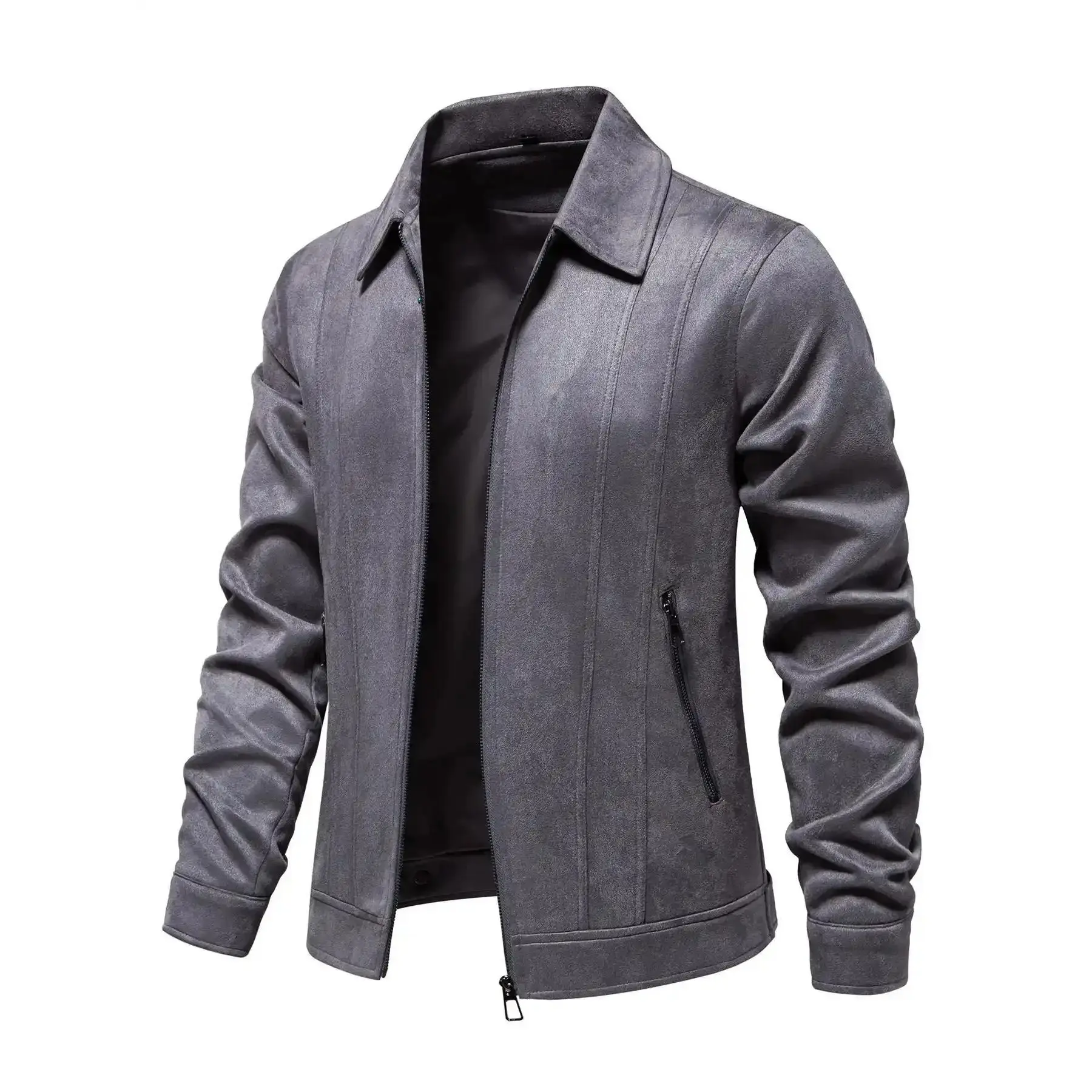 Men's Solid Pocket Zipper Suede Jacket, Regular Fit Casual Long Sleeve Collared Outerwear for Fall & Winter, Coat, Tops, Jackets for Men's, Clothing, NewCollection, Lightweight, TrendyLook, AllDayComfort, EverydayLook