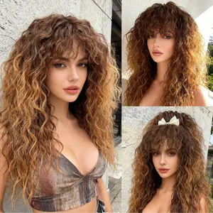 20" Women's Topper Wig Hair, Natural Wool Roll Wig With Bangs, Curly Synthetic Hair, Full Head Cover Fluffy Curly Hair Wig For Women Daily Wear Party Dating Cosplay