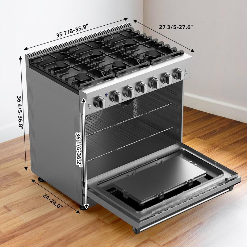 GARVEE 36” Freestanding Gas Range Stove with 6 Sealed Gas Burner & 6.0 Cu.Ft Electric Convection Oven, Stainless Steel Dual Fuel Range, Slide-In Gas Range Combo for Home and Commercial Use