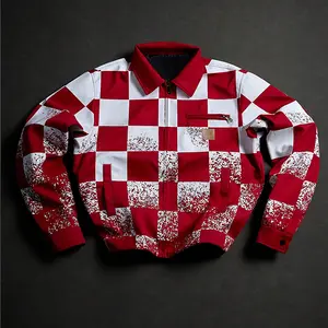 Men’s American high-street checkered racing jacket with distressed vintage look and paint-splatter workwear styling